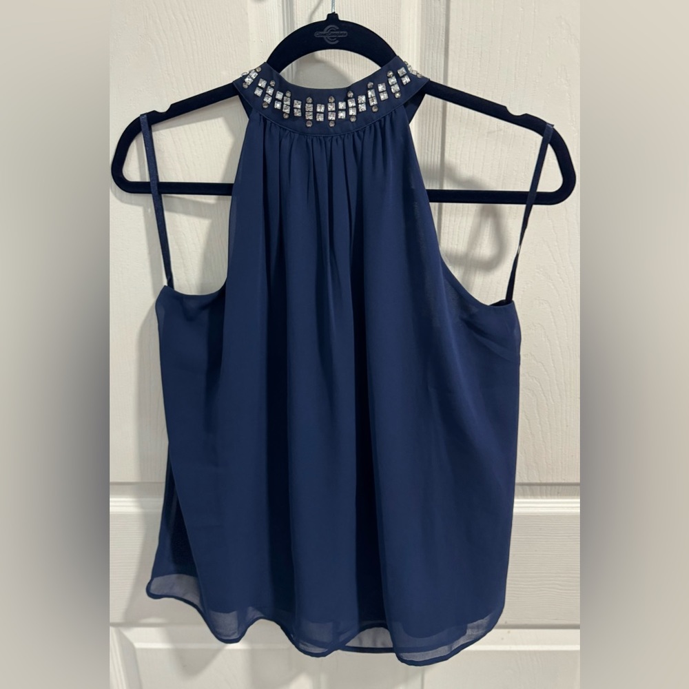 New York & Co. Eva Mendes Embellished Halter Top. Size 8. Color Navy Blue.